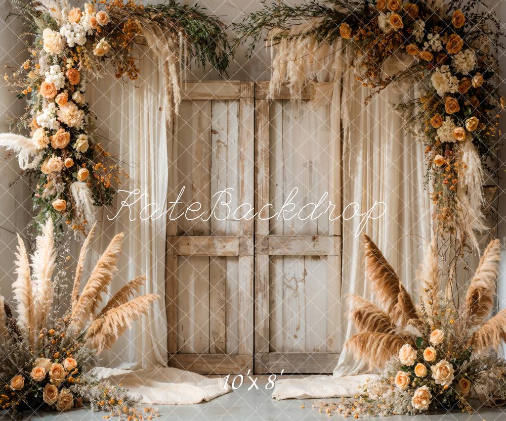 Boho Reed Colorful Flower White Curtain Light Brown Wooden Barn Door Backdrop Designato da Emetselch