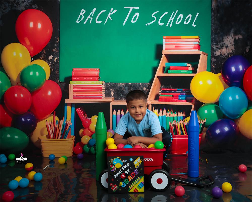 Kate Green Back to School Sign Colorful Balloon and Pencil Grey Wall Backdrop Designed by Emetselch