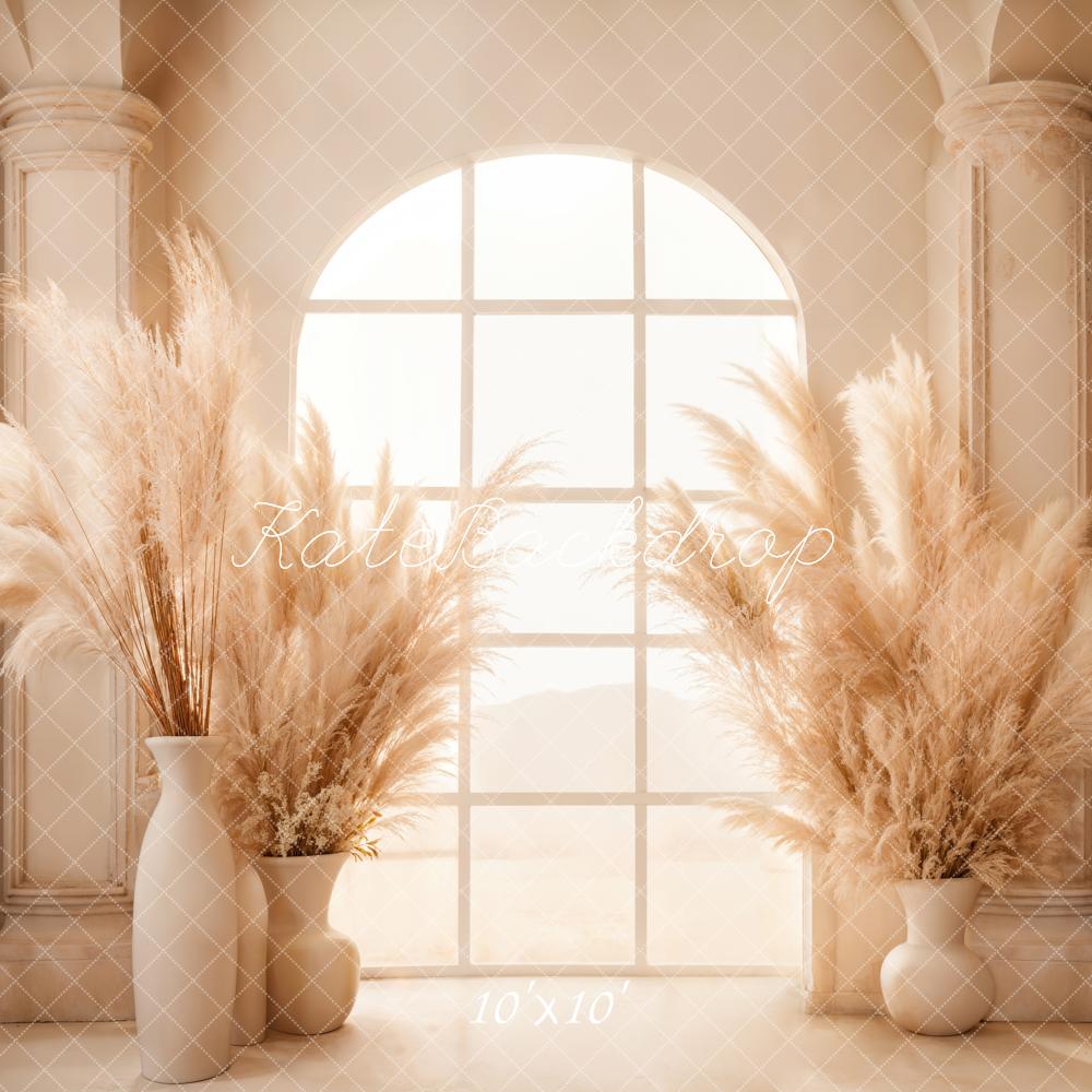 Kate Vintage Reed Boho Beige Column Arched Window Backdrop Designed by Emetselch