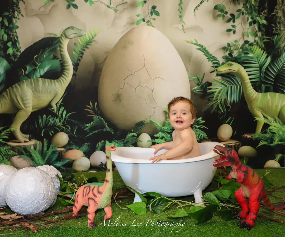 Vintage Green Plant Dinosaur Hatching Eggs Brown Wooden Frame White Wall Backdrop Designed by Patty Robert