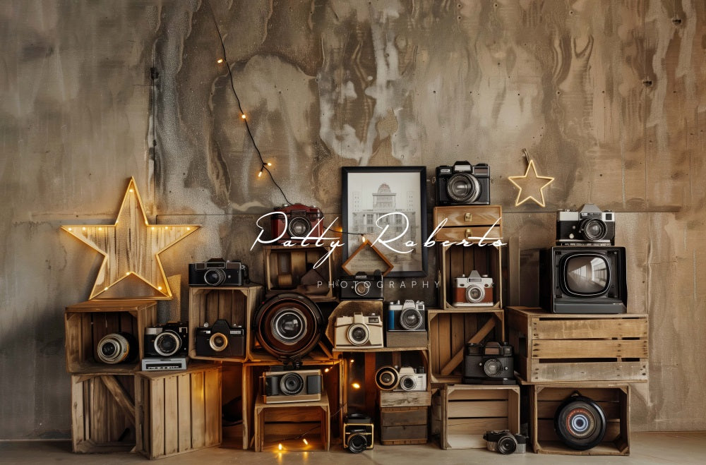 Vintage Camera Len Sparkling Star Brown Gradient Wall Backdrop Ontworpen door Patty Robert