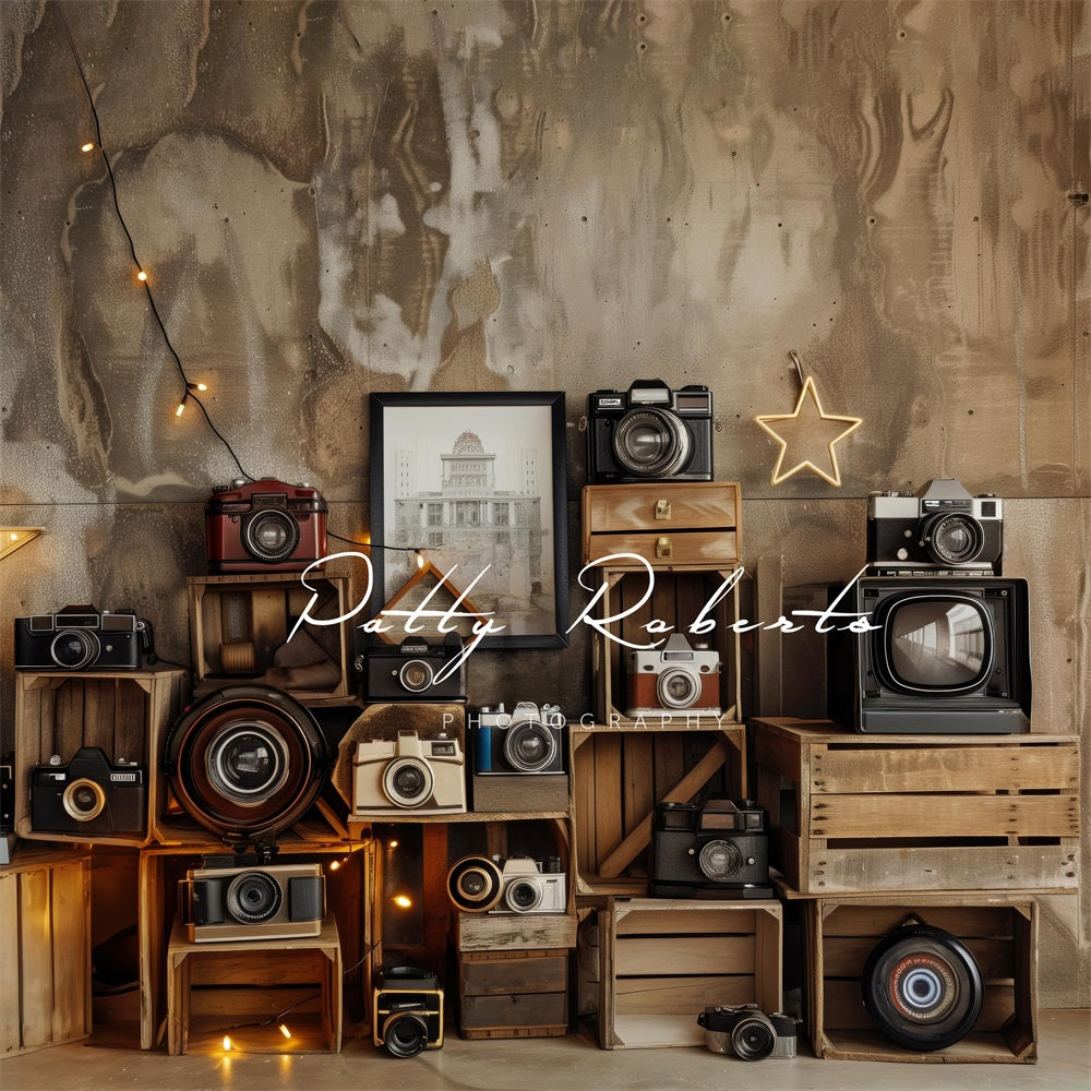 Vintage Camera Len Sparkling Star Brown Gradient Wall Backdrop Ontworpen door Patty Robert