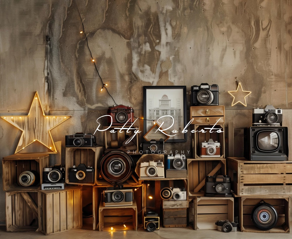 Kate Vintage Camera Len Sparkling Star Brown Gradient Wall Backdrop Designed by Patty Robert