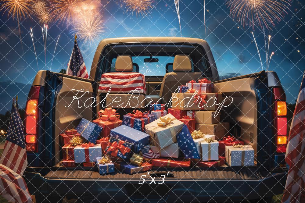 Festa dell'Indipendenza con fuochi d'artificio notturni, bandiera, regalo, sfondo di camion marrone disegnato da Emetselch