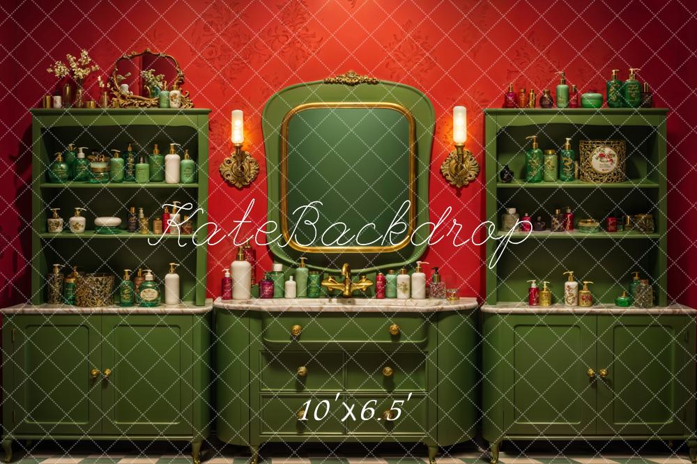 Vintage Red Wall Dark Green Beauty Shop Backdrop, Progettato da Emetselch