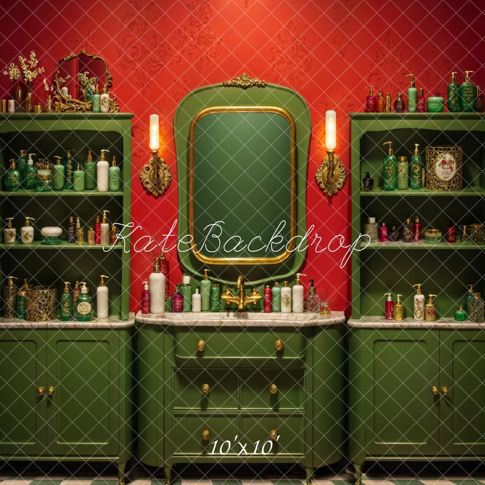 Fondo de pantalla de tienda de belleza verde oscuro y pared roja vintage diseñado por Emetselch