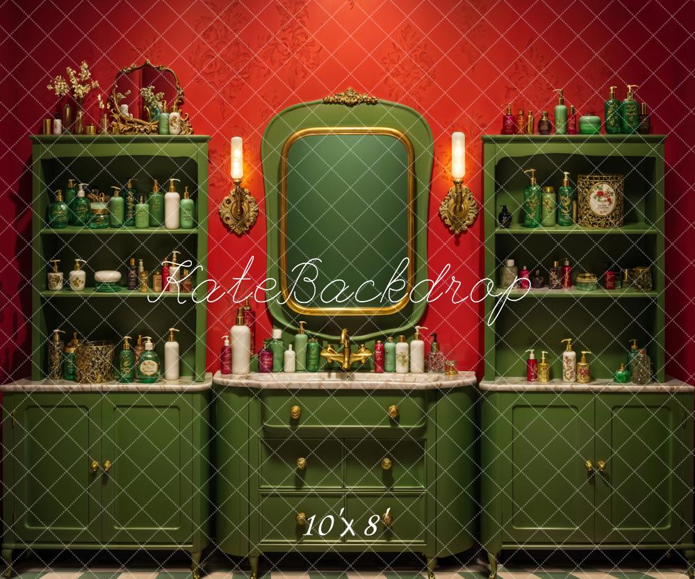 Kate Vintage Red Wall Dark Green Beauty Shop Backdrop Designed by Emetselch