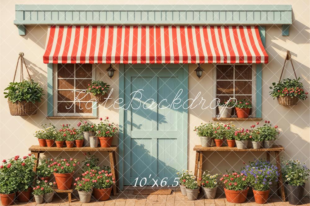 Ventana y puerta enmarcadas en madera con fondo de planta verde, flores coloridas y sol primaveral diseñado por Emetselch