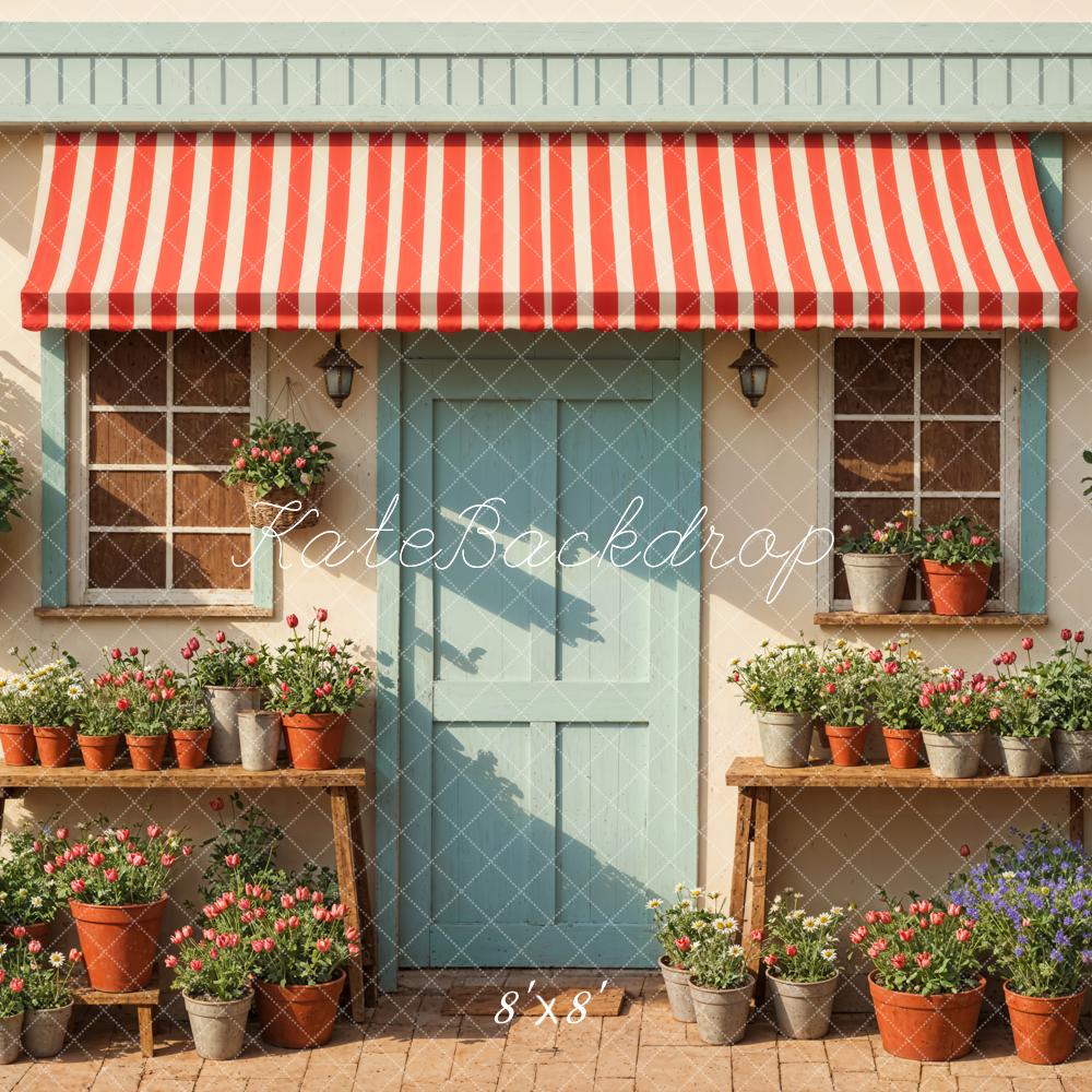 Ventana y puerta enmarcadas en madera con fondo de planta verde, flores coloridas y sol primaveral diseñado por Emetselch