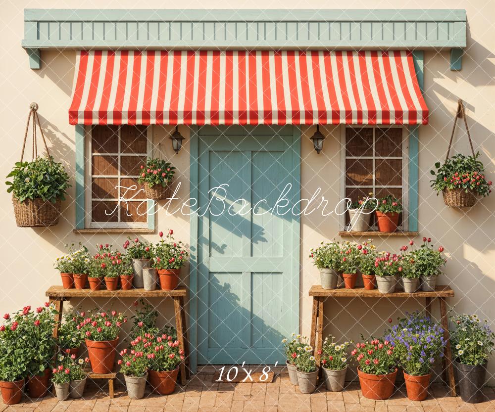 Ventana y puerta enmarcadas en madera con fondo de planta verde, flores coloridas y sol primaveral diseñado por Emetselch