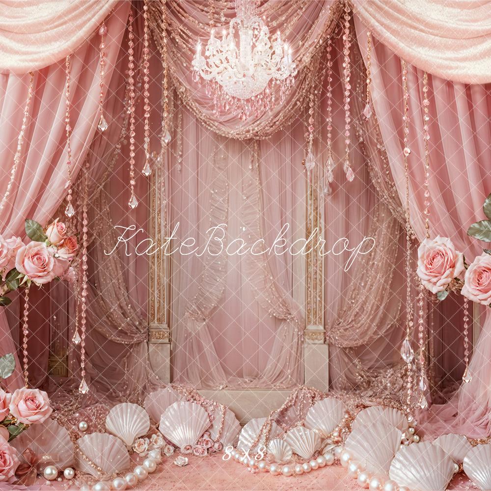 Rosa Pink Rose Retro con perle di conchiglia e cristalli a mermaid curtain dietro sagoma design di Emetselch