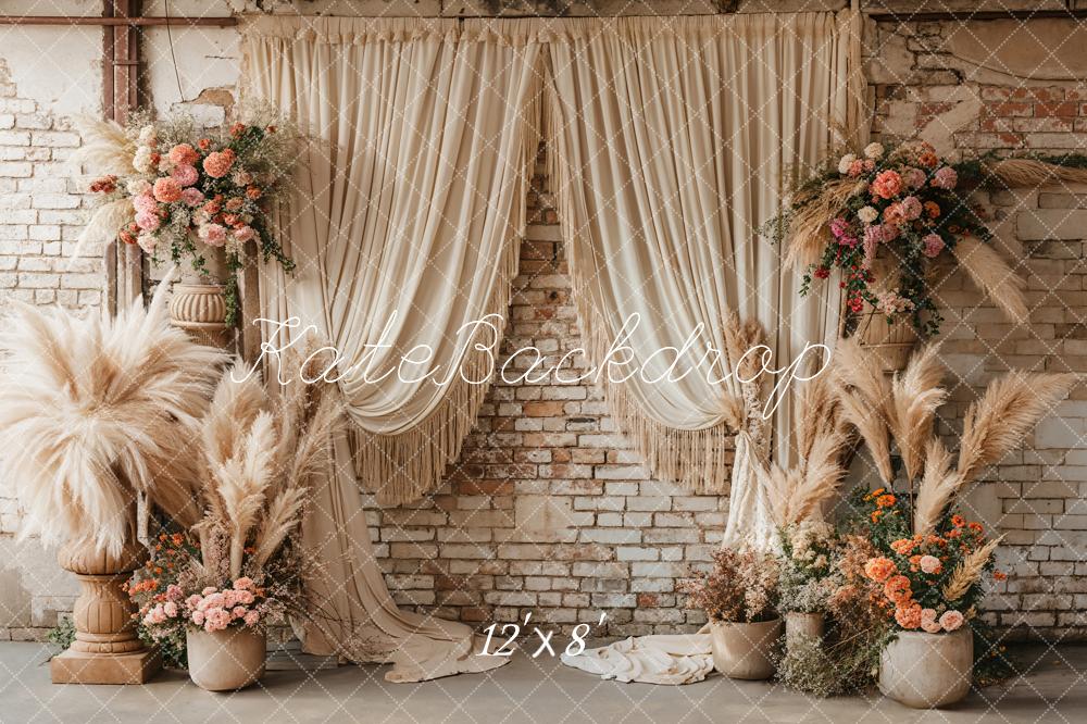 Kate Boho Reed Pink White Flower Beige Curtain Brick Wall Backdrop Designed by Emetselch