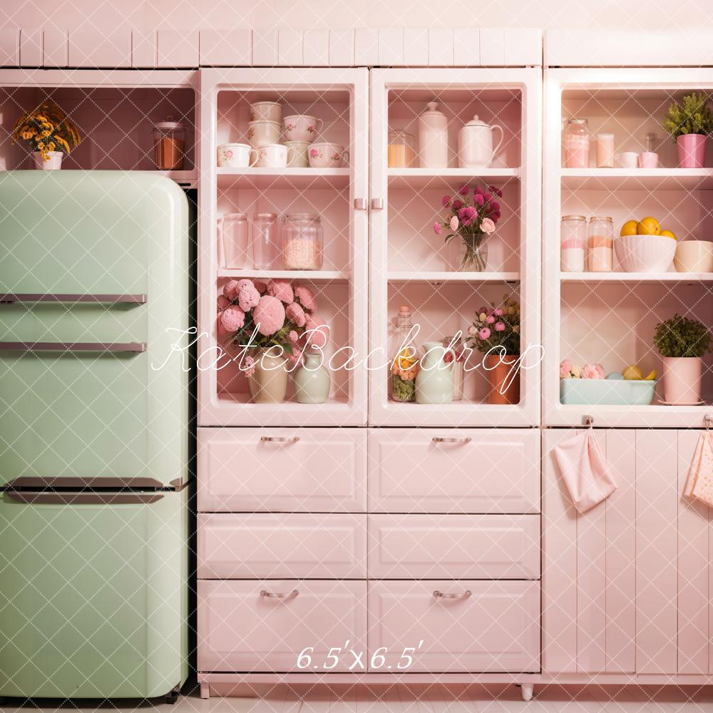 Kate Fantasy Green Refrigerator Pink Cabinet Modern Kitchen Backdrop Designed by Emetselch