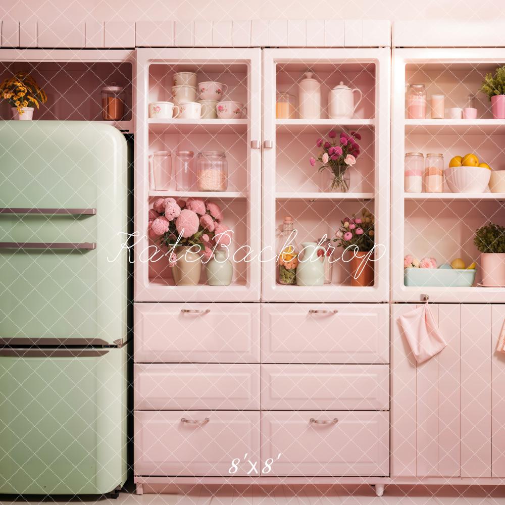 Kate Fantasy Green Refrigerator Pink Cabinet Modern Kitchen Backdrop Designed by Emetselch