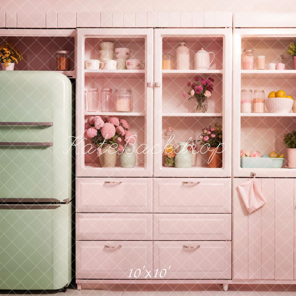 Kate Fantasy Green Refrigerator Pink Cabinet Modern Kitchen Backdrop Designed by Emetselch