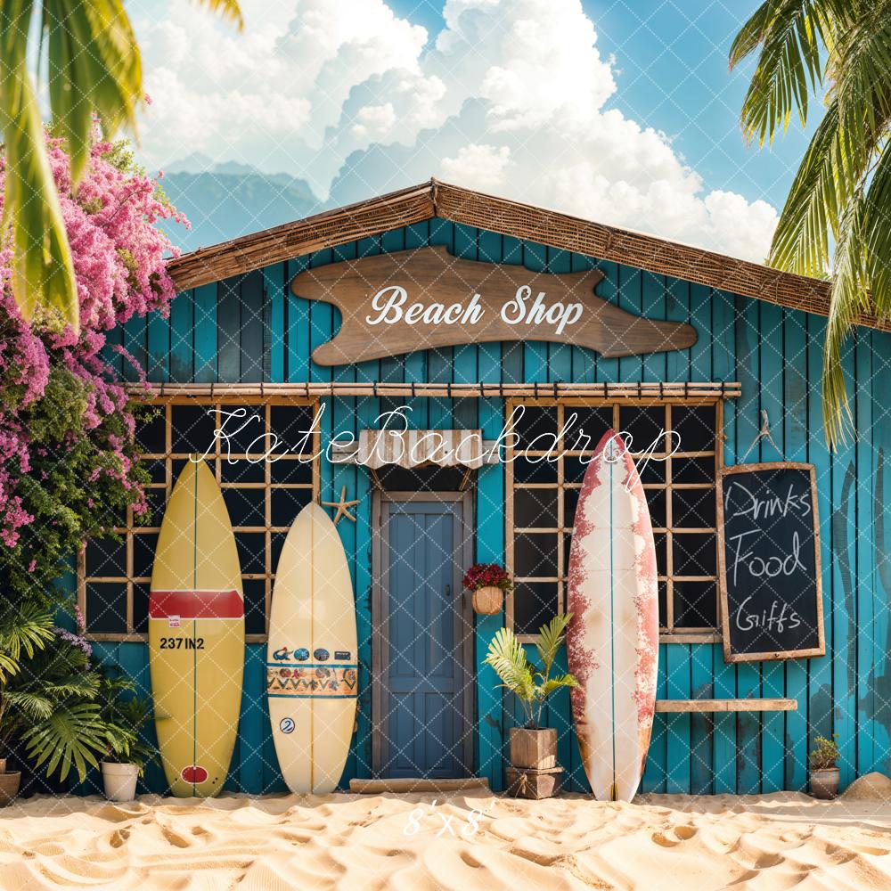 Kate Summer Blue Sky White Cloud Green Tree Pink Flower Sea Surfboard Dark Green Beach Shop Backdrop Designed by Emetselch