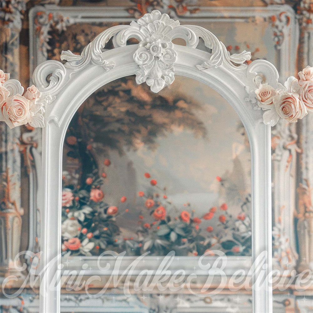 Retro Fine Art Pink Rose White Arch Colorful Hand Painting Mural Foto Achtergrond Ontworpen door Mini MakeBelieve