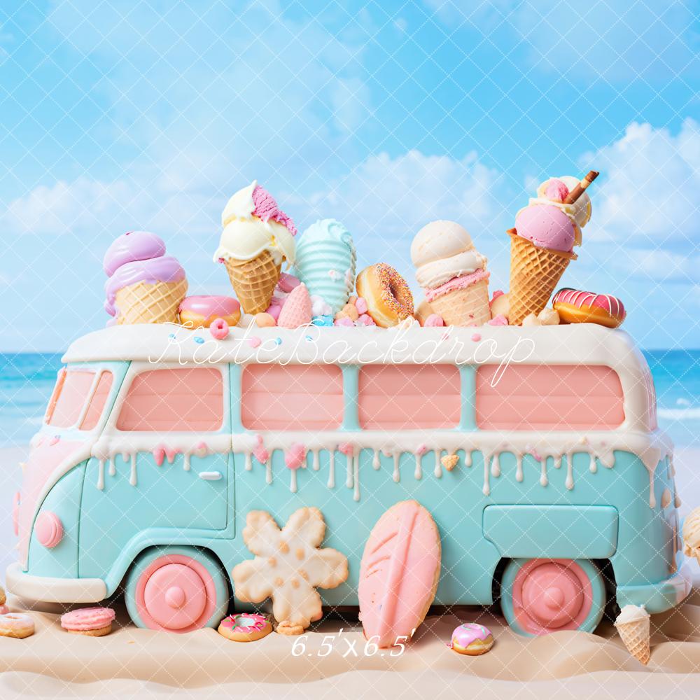 Zomerse Zeekust Roze Blauwe Cartoon Speelgoed IJsauto-achtergrond Ontworpen door Chain Photography