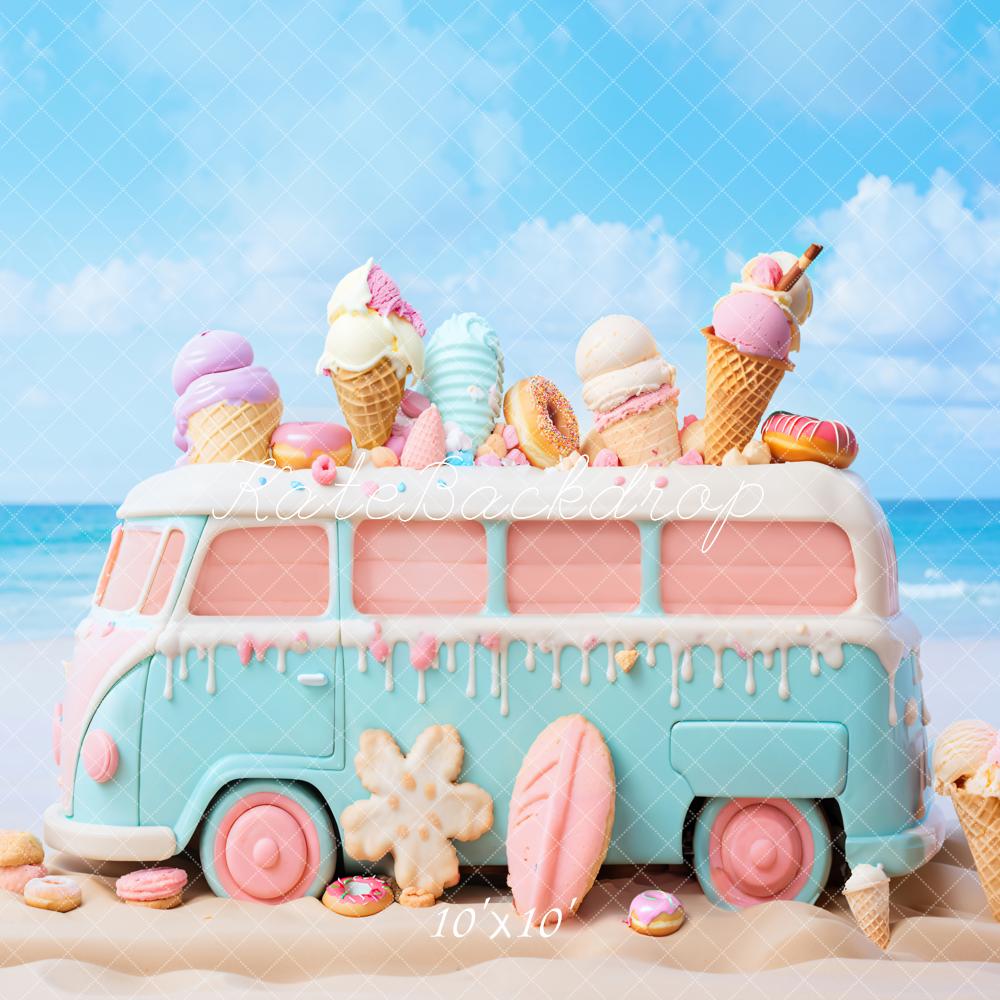 Zomerse Zeekust Roze Blauwe Cartoon Speelgoed IJsauto-achtergrond Ontworpen door Chain Photography