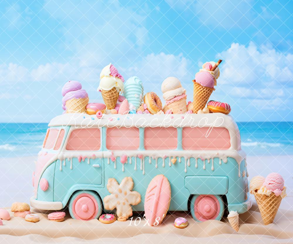 Summer Seaside Pink Blue Cartoon Toy Ice Cream Car Backdrop Disegnato da Chain Photography