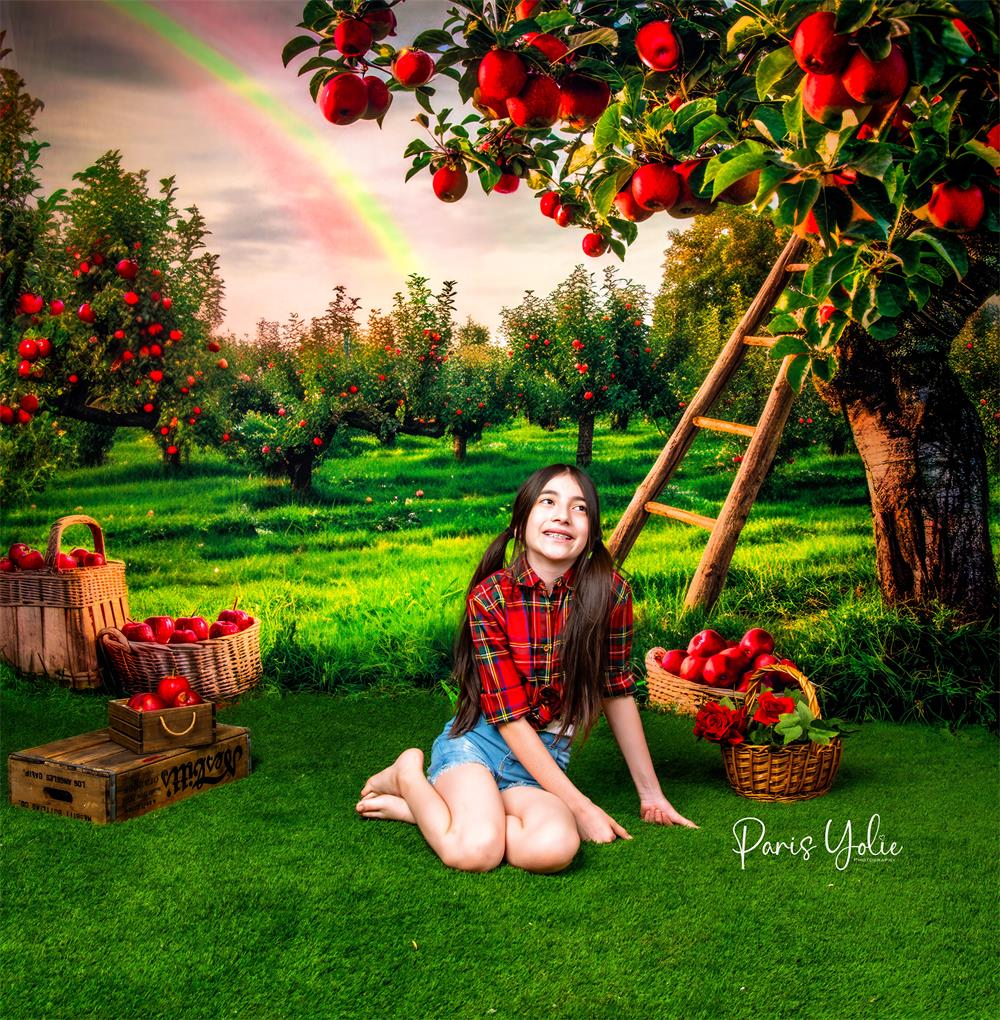 Zomer Groene Weide Regenboog Houten Ladder Rood Appelboomgaard Achtergrond Ontworpen door Mini MakeBelieve