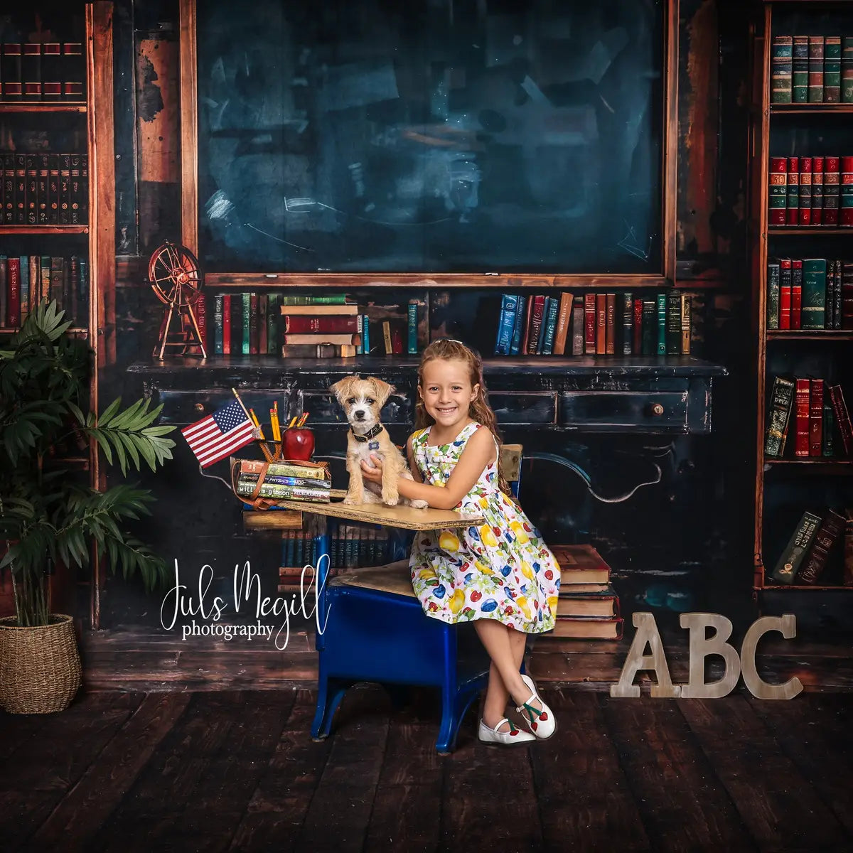 Kate Brown Back to school Blackboard Book Desk Apple Backdrop Designed by Emetselch