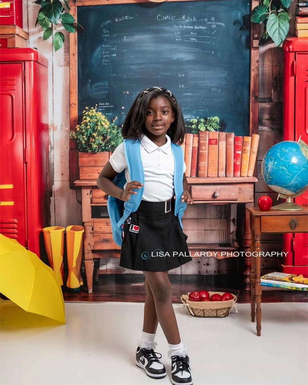 Kate Back to School Red Locker Blackboard Wooden Striped Wall Backdrop Designed by Emetselch