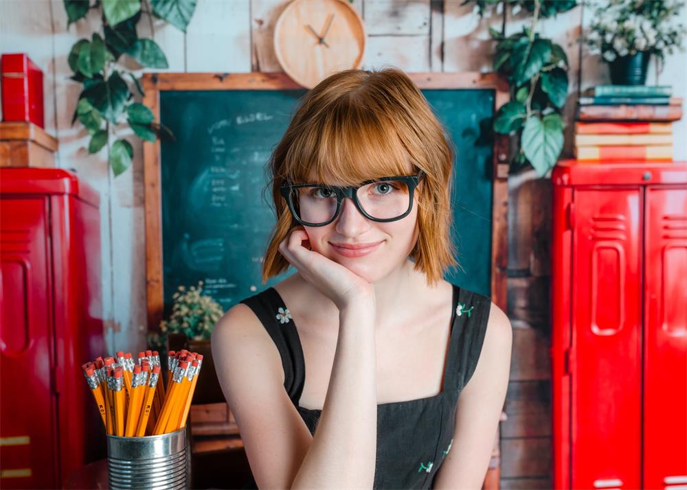 Kate Back to School Red Locker Blackboard Wooden Striped Wall Backdrop Designed by Emetselch