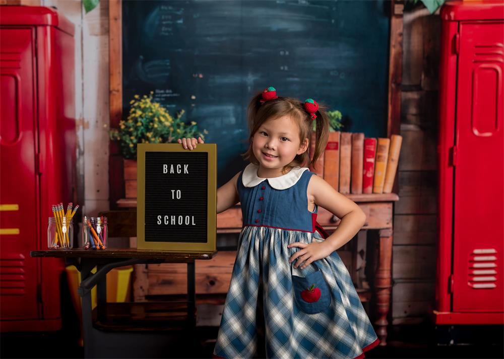 Kate Back to School Red Locker Blackboard Wooden Striped Wall Backdrop+Dark Brown Old Wooden Floor Backdrop