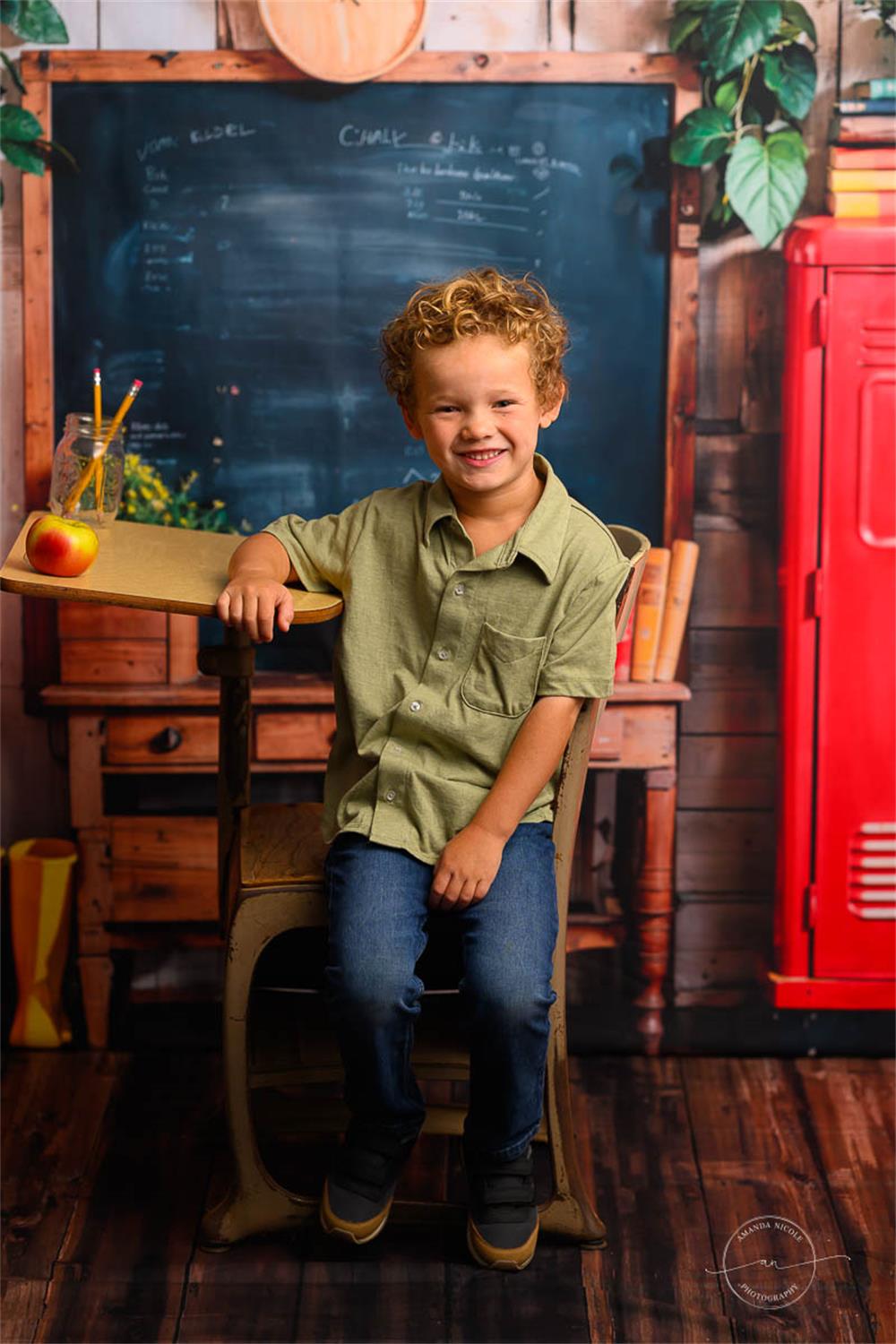 Kate Back to School Red Locker Blackboard Wooden Striped Wall Backdrop Designed by Emetselch