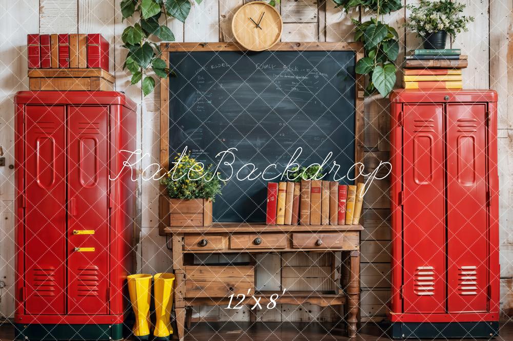 Kate Back to School Red Locker Blackboard Wooden Striped Wall Backdrop Designed by Emetselch