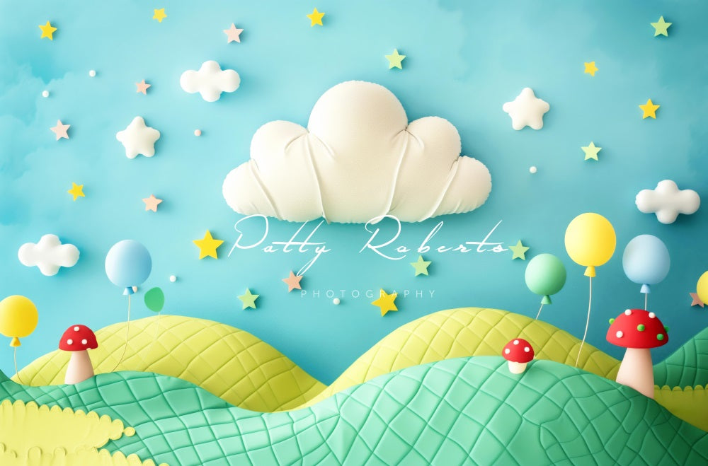 Kate 3D Cartoon Green Yellow Field White Cloud Red Mushroom Colorful Balloon and Star Backdrop Designed by Patty Robert