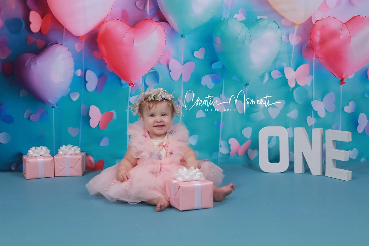 Kate Sweet Colorful Heart Balloon and Butterfly Pink Blue Gradient Wall Backdrop Designed by Patty Robert