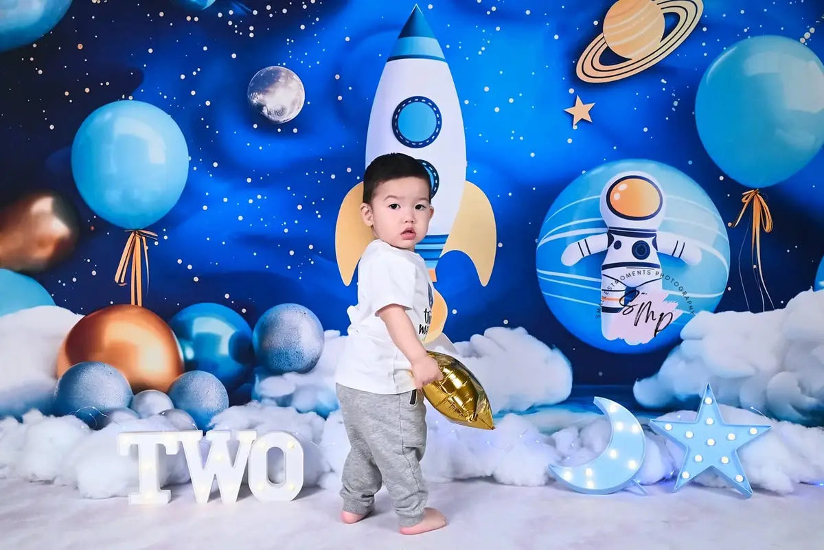 Astronaut Blue Universe Space Planet Rocket Balloon Backdrop Designed by Patty Robert