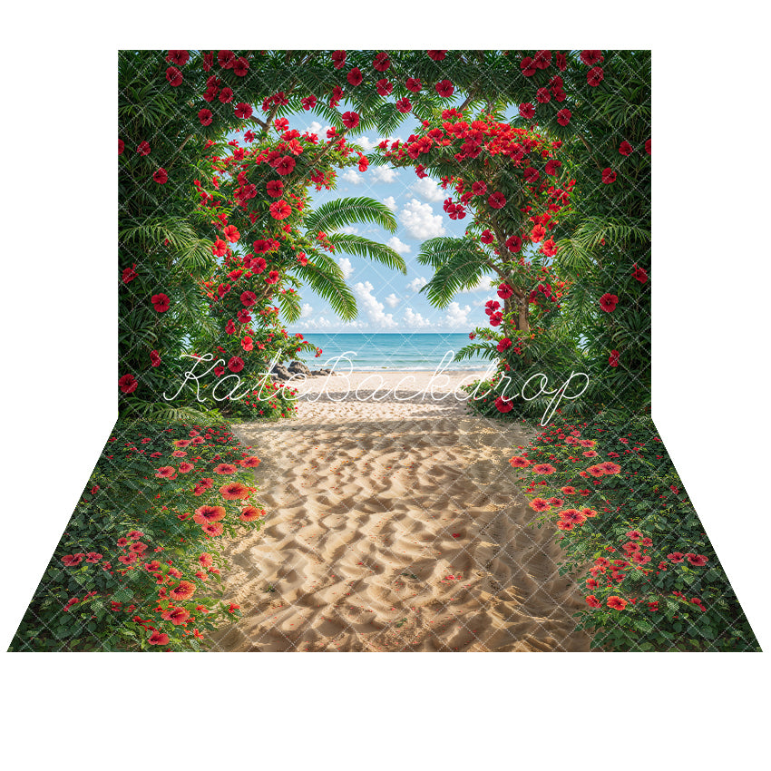 Sfondo per archetto verde estivo mare verde pianta rossa+sfondo per spiaggia floreale estiva mare rosso
