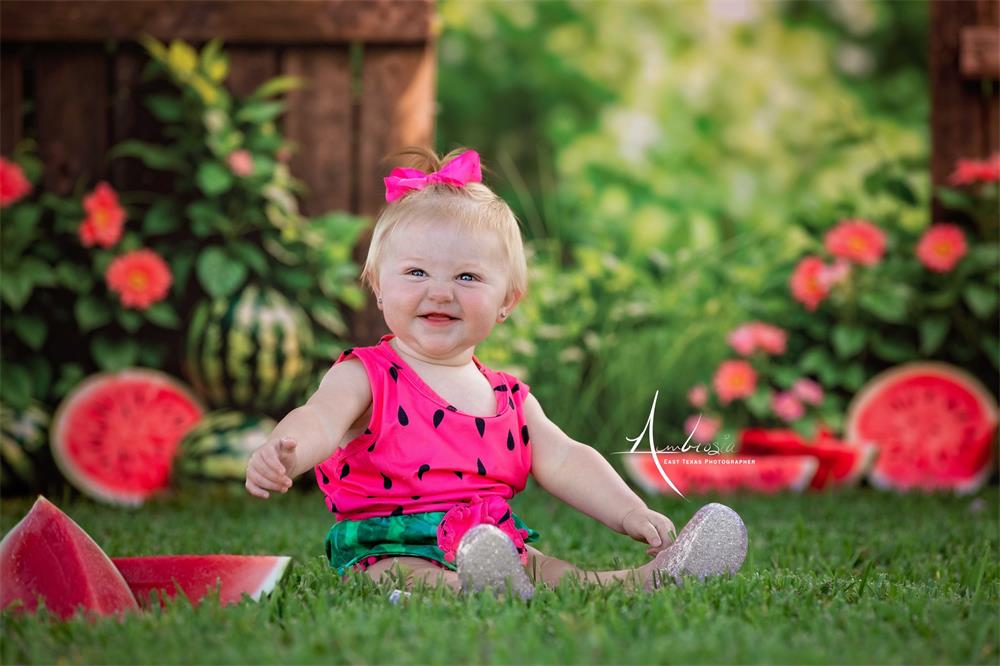 Kate Summer Bokeh Green Plant Colorful Flower Watermelon Brown Fence Backdrop Designed by Emetselch