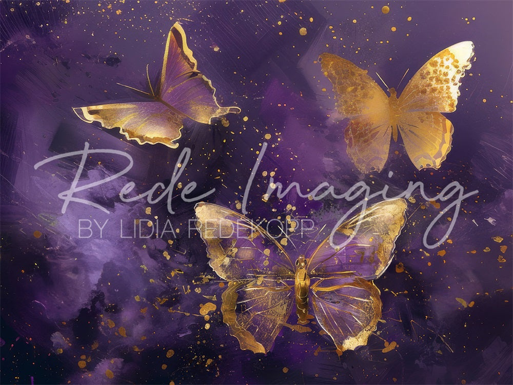 Fijne kunst paarse gouden schilderij vlinderachtergrond ontworpen door Lidia Redekopp.