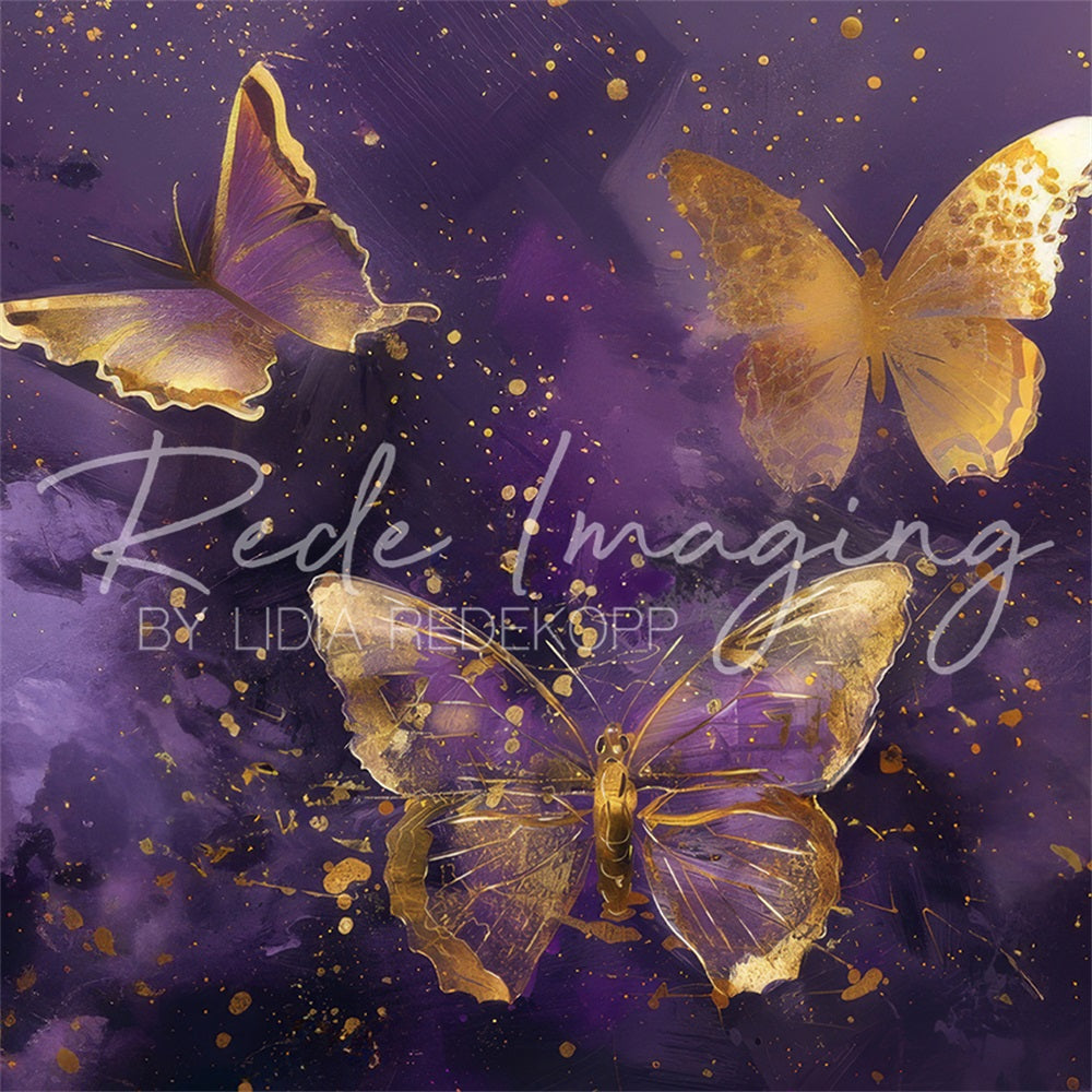 Fijne kunst paarse gouden schilderij vlinderachtergrond ontworpen door Lidia Redekopp.