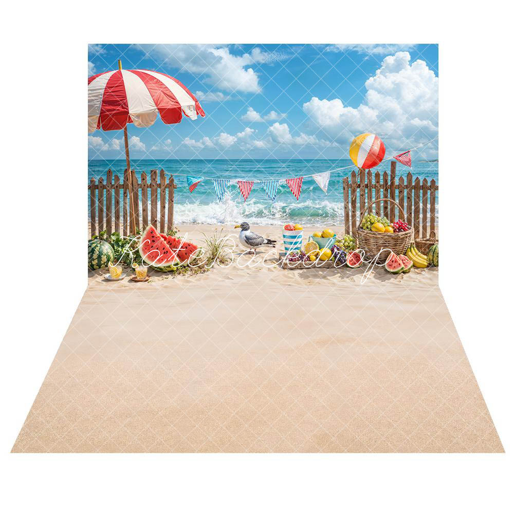 Ombrellone estivo da spiaggia mare frutta uccello di mare marrone recinto di legno sfondo + sfondo beige da spiaggia estiva
