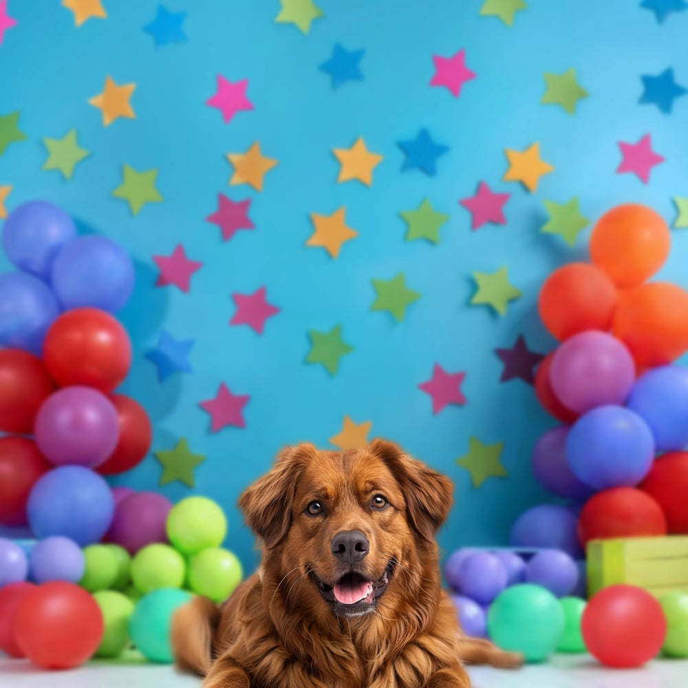 Pastel y Desordenado ¡Fiesta de Aplastamiento de Pastel de Cumpleaños de Verano con Globos y Estrellas de Colores Fondo de Pared Azul!