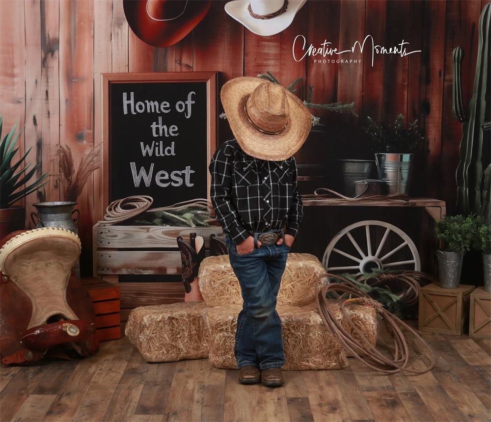 Retro Wild West Cowboy Brown Wooden Wall Backdrop Ontworpen door Patty Robert