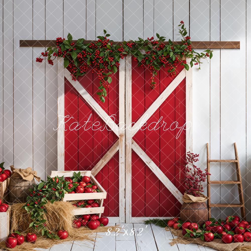 Puerta de granero rojo de otoño en una pared de madera blanca diseñada por Emetselch.