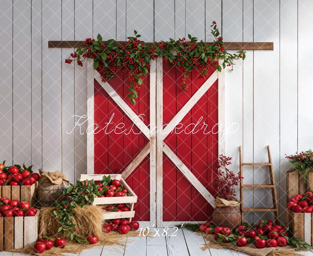 Puerta de granero rojo de otoño en una pared de madera blanca diseñada por Emetselch.