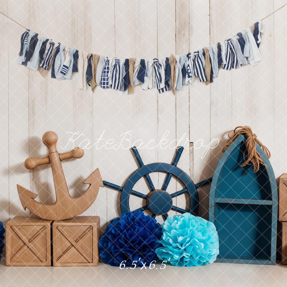 Kate Summer Sea Anchor and Rudder Adventure Sailor Beige Wooden Wall Backdrop Designed by Emetselch