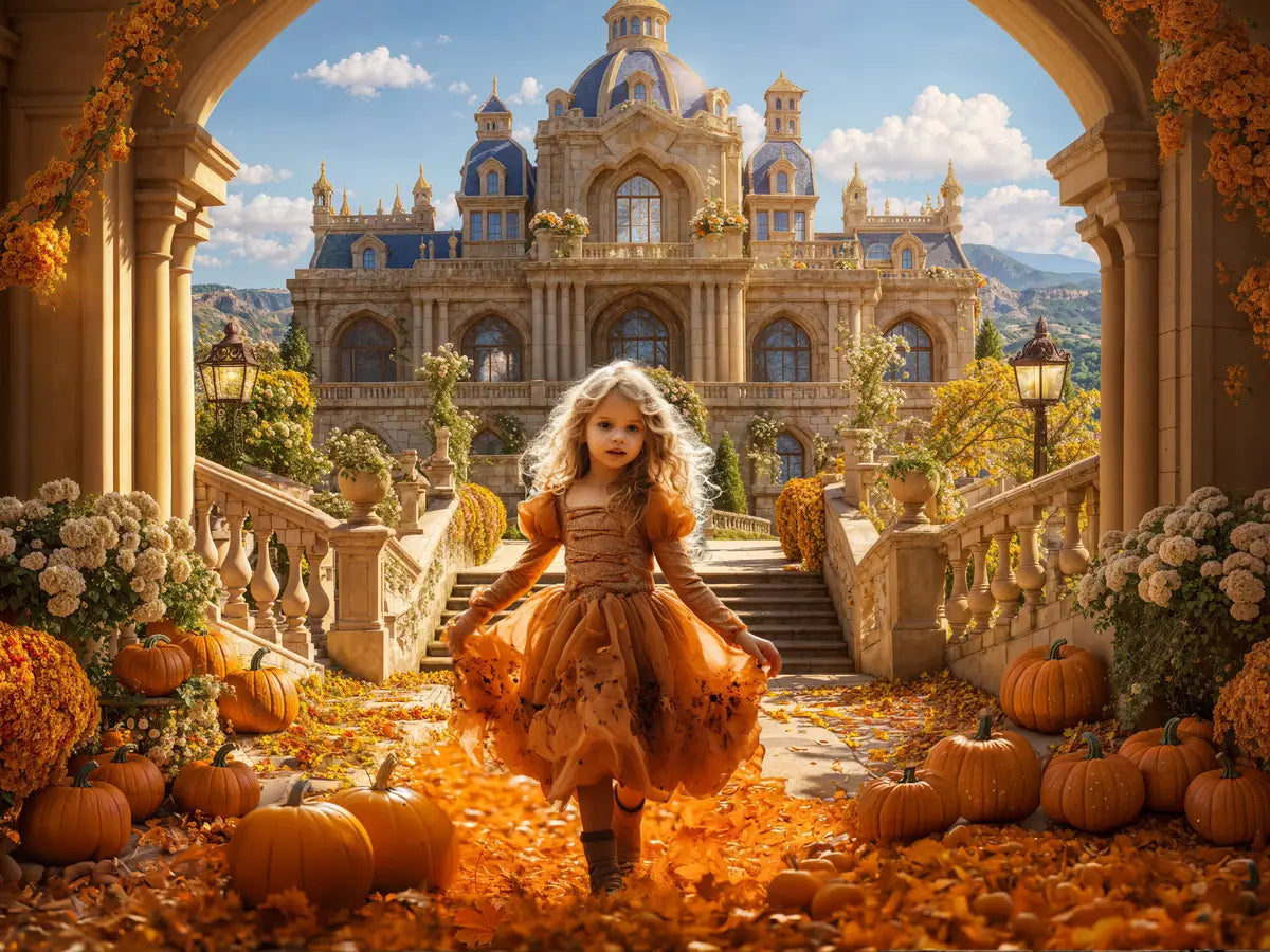 Kate Autumn Pumpkin Colorful Floral Arch Blue Retro Castle Backdrop Designed by Emetselch