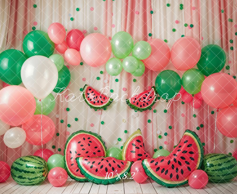 Zomerse Rode Watermeloen Kleurrijke Ballonnenboog Foto Achtergrond Ontworpen door Emetselch