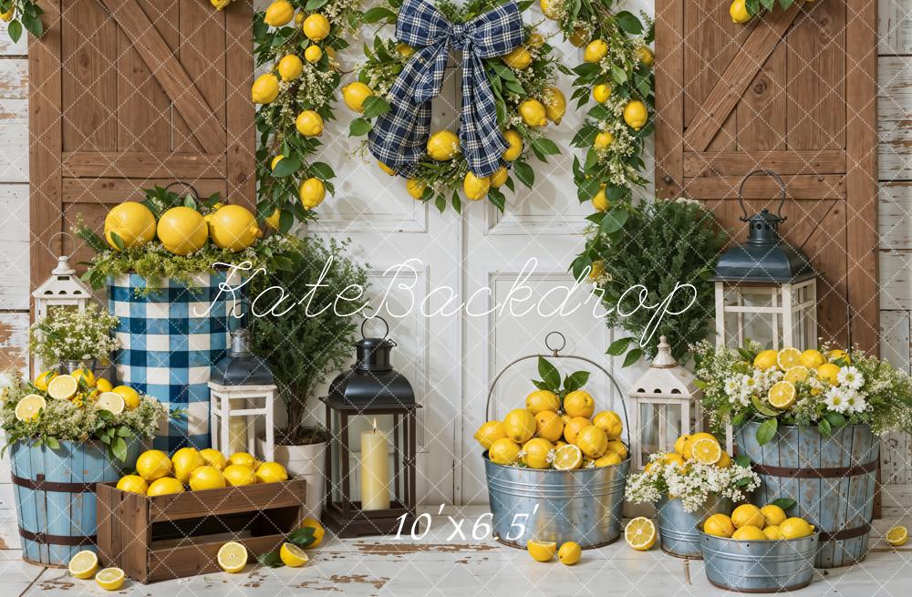 Kate Summer Yellow Lemon White Barn Door Brown Wooden Wall Backdrop Designed by Emetselch