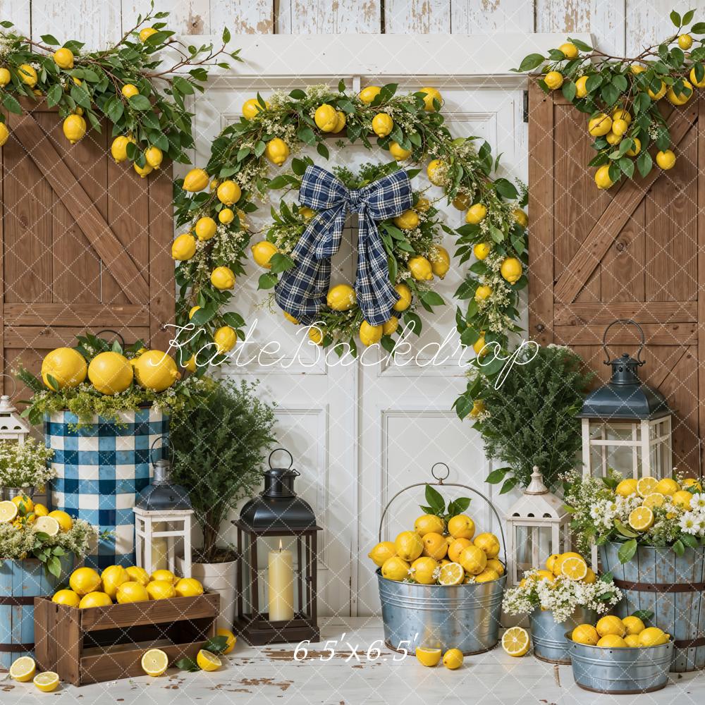 Kate Summer Yellow Lemon White Barn Door Brown Wooden Wall Backdrop Designed by Emetselch