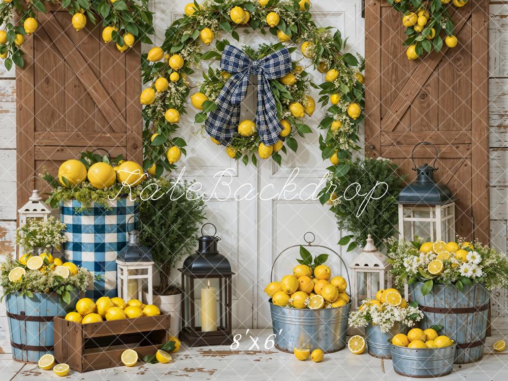 Kate Summer Yellow Lemon White Barn Door Brown Wooden Wall Backdrop Designed by Emetselch