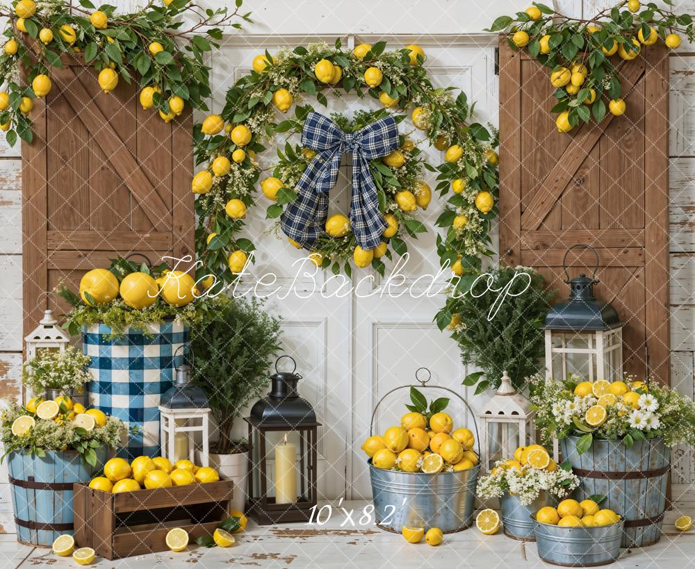 Kate Summer Yellow Lemon White Barn Door Brown Wooden Wall Backdrop Designed by Emetselch